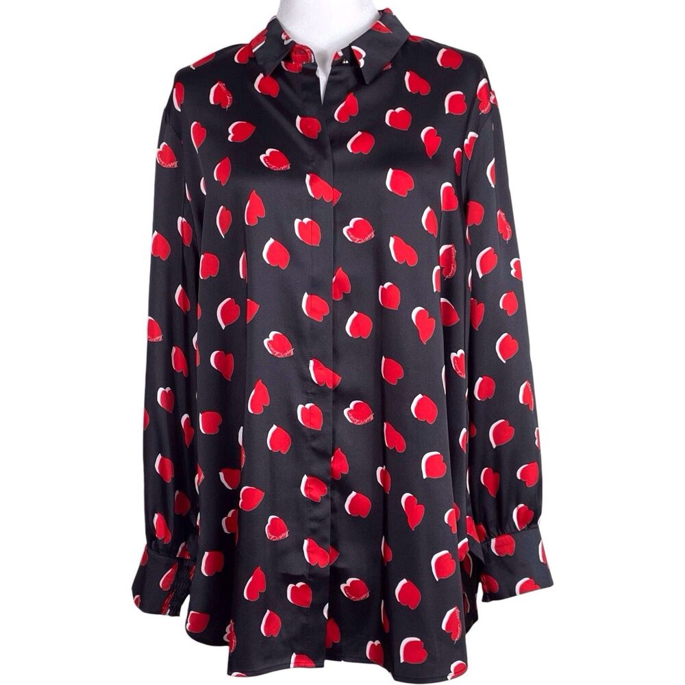 Chico’s Heart Print Tunic Top Black Red Button Front Size 16